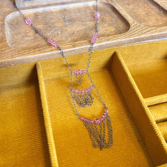 Vintage Chain and Bead Tiered Necklace 70s 80s 90s Silver and Pink - Picture 1 of 5
